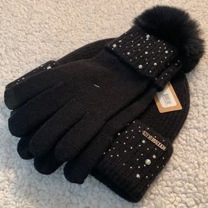 Steve Madden Black Sequin and Pearl Knit Hat AND Gloves